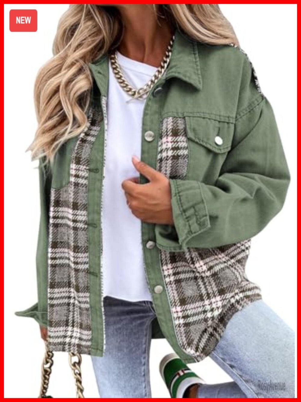 Oversized Denim Jacket Plaid Shacket Long Sleeve Button Down Women's